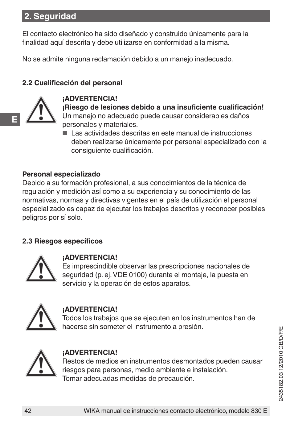 Seguridad | WIKA 851 User Manual | Page 42 / 52