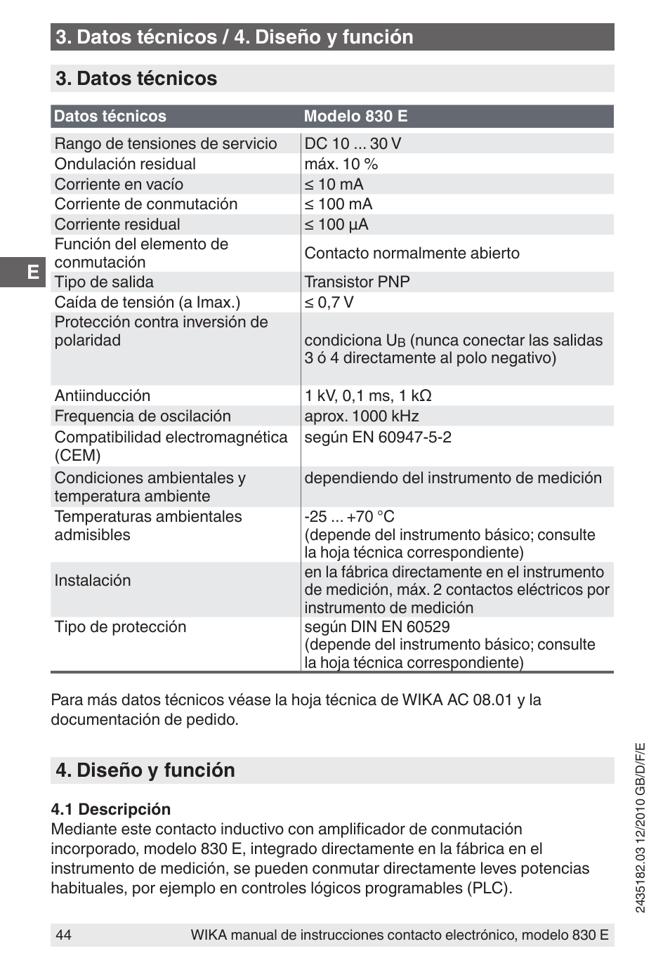 Datos técnicos, Diseño y función, Datos técnicos / 4. diseño y función | WIKA 851 User Manual | Page 44 / 52