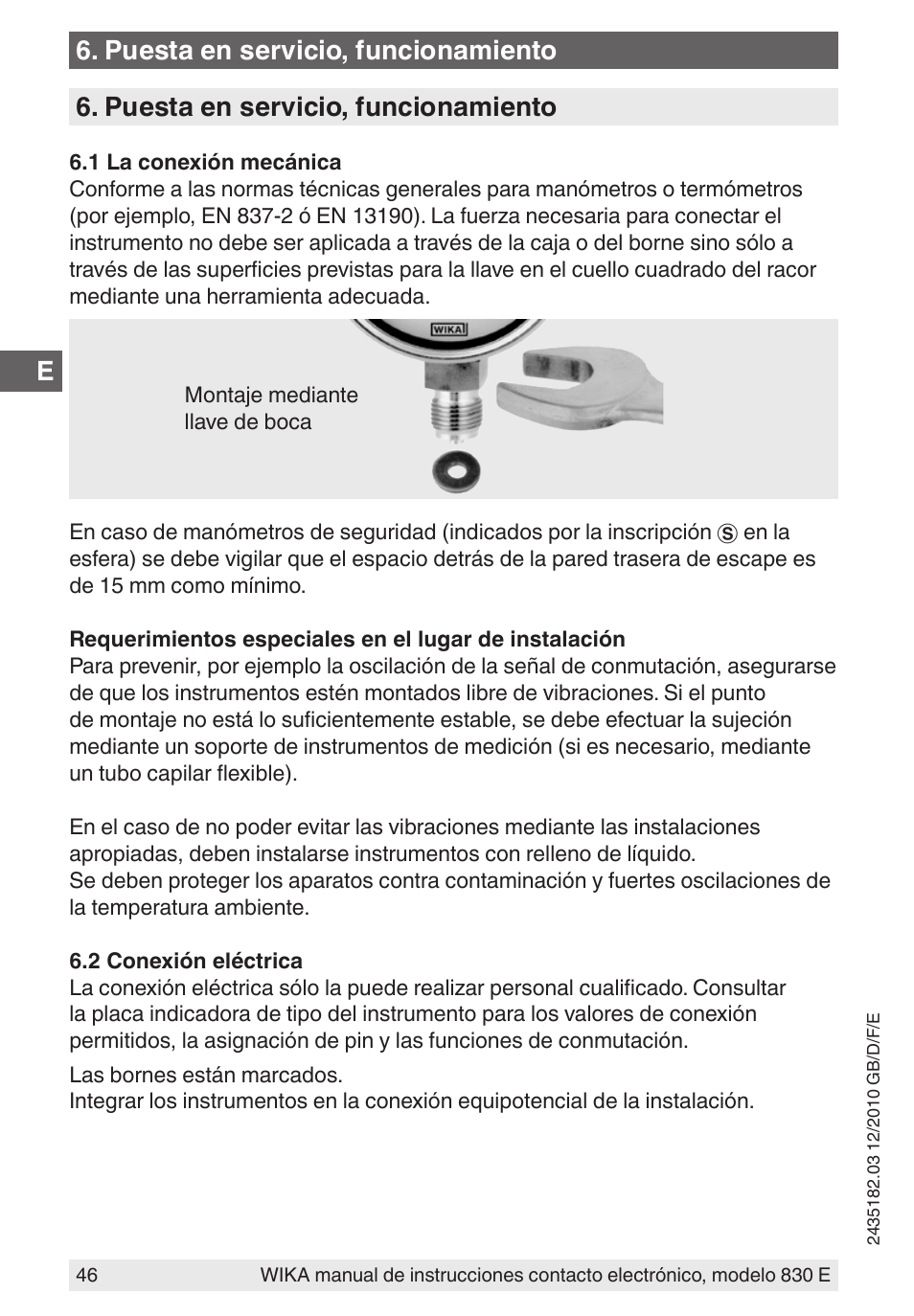 Puesta en servicio, funcionamiento | WIKA 851 User Manual | Page 46 / 52