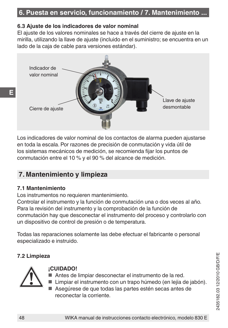 Mantenimiento y limpieza | WIKA 851 User Manual | Page 48 / 52