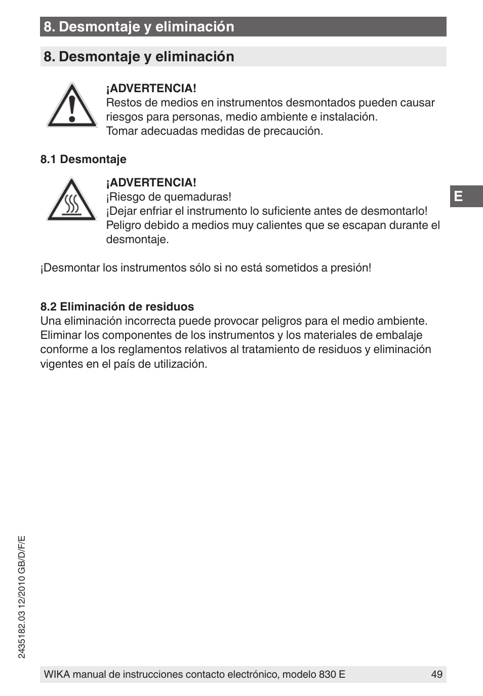 Desmontaje y eliminación | WIKA 851 User Manual | Page 49 / 52