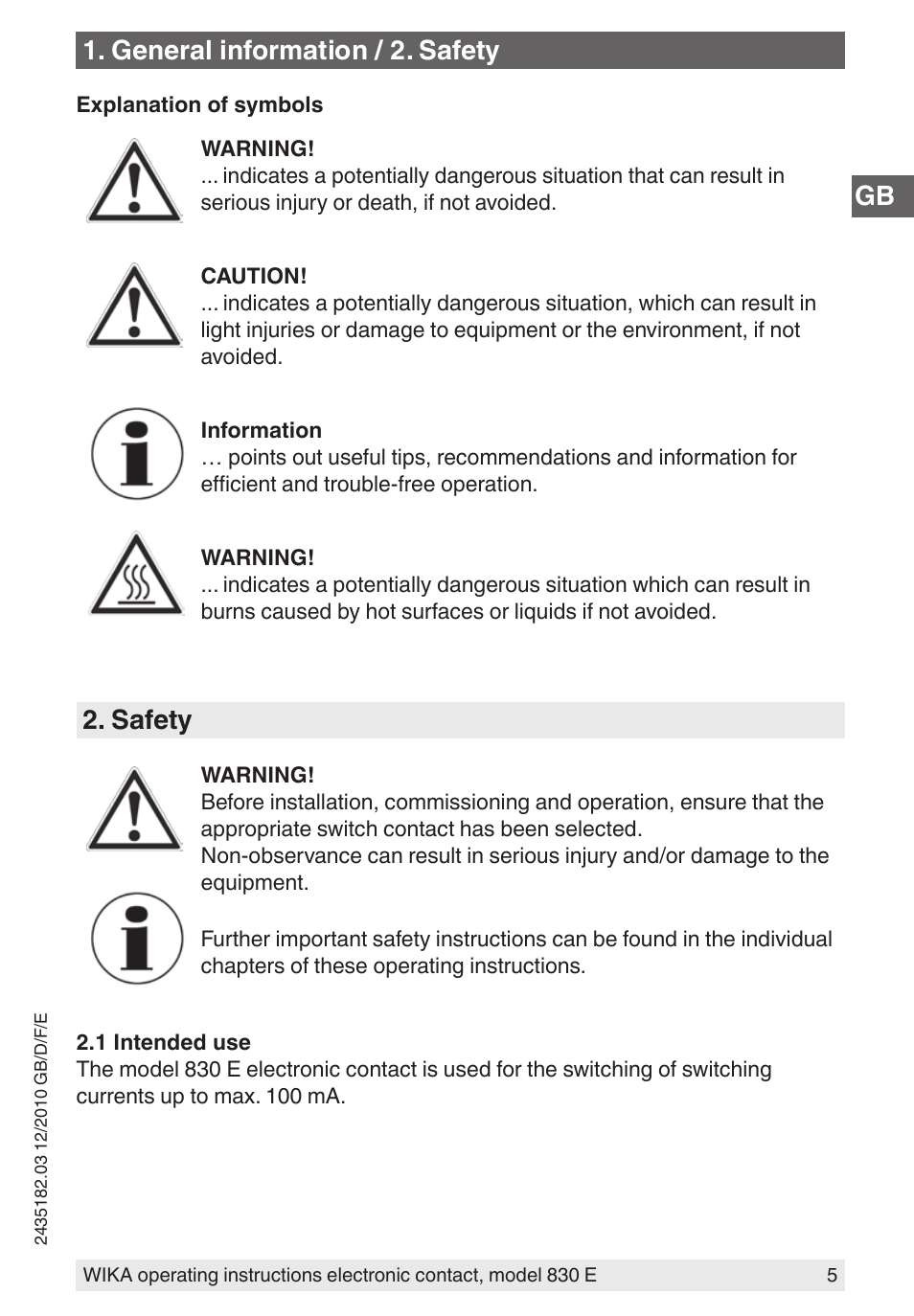 Safety, General information / 2. safety | WIKA 851 User Manual | Page 5 / 52