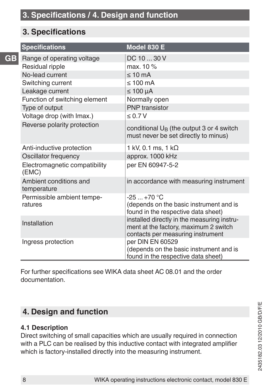 Specifications, Design and function, Specifications / 4. design and function | WIKA 851 User Manual | Page 8 / 52