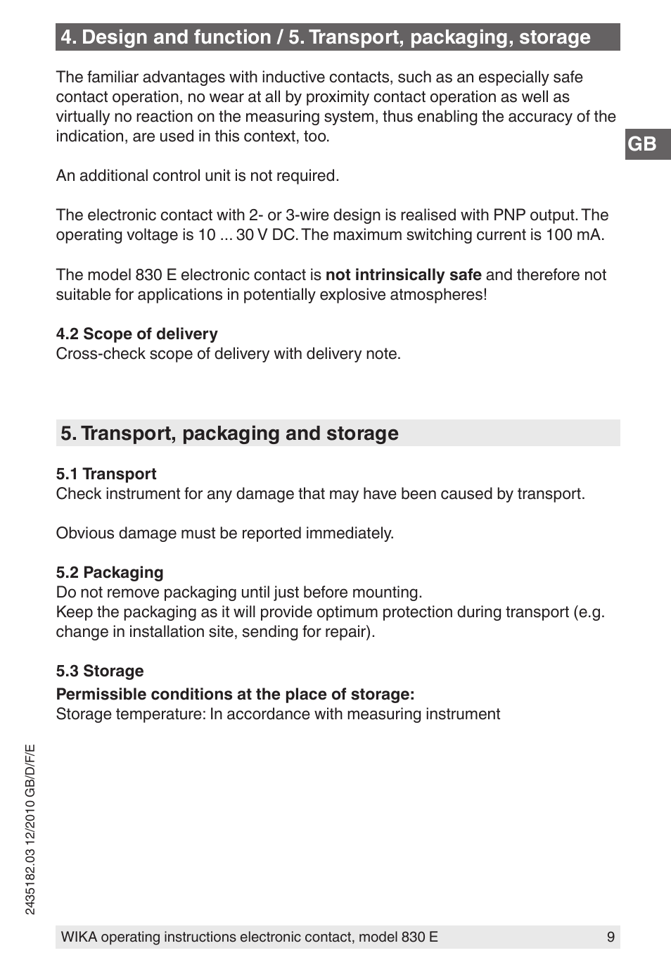 Transport, packaging and storage | WIKA 851 User Manual | Page 9 / 52