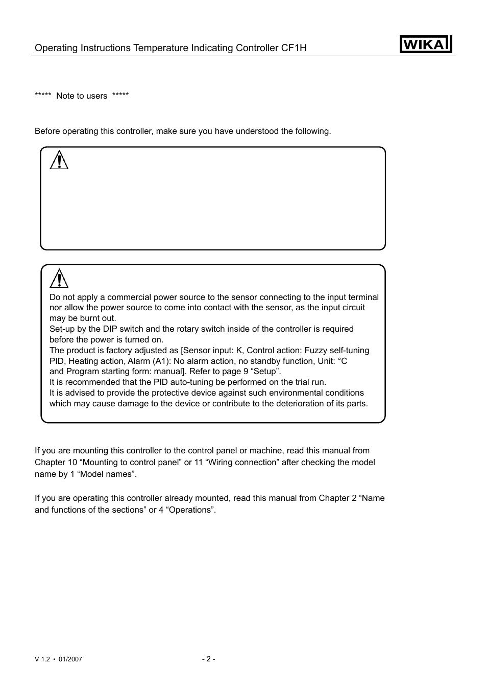 Warning, Caution | WIKA CF1H User Manual | Page 2 / 75