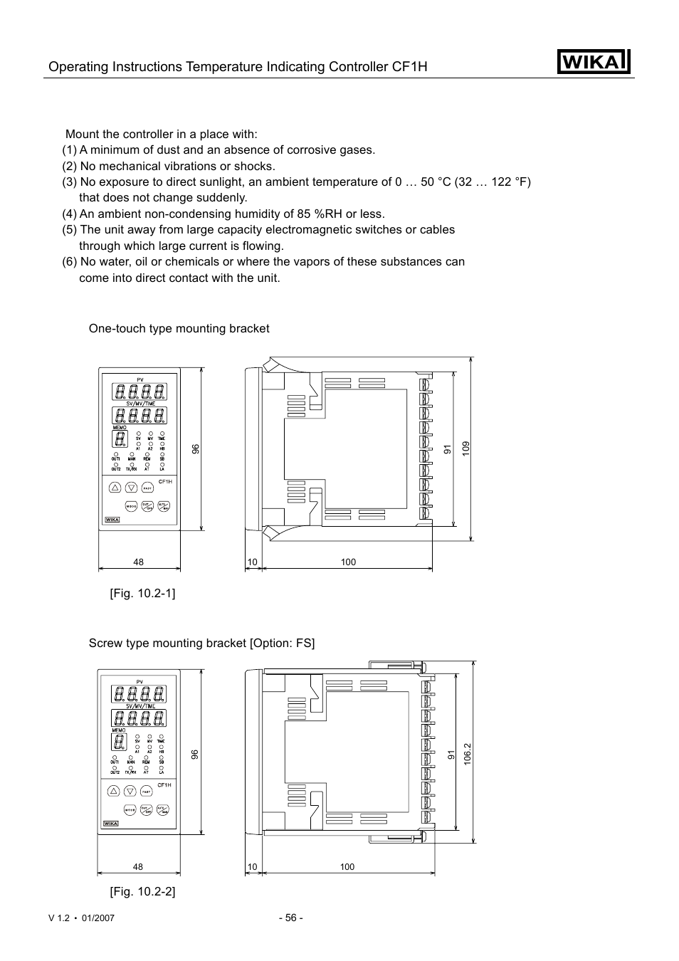 Mounting to control panel | WIKA CF1H User Manual | Page 56 / 75