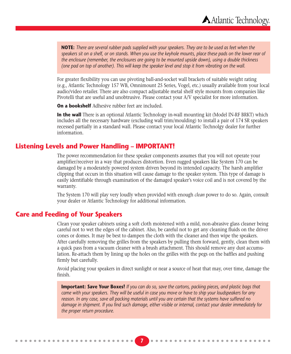 Atlantic technology, Listening levels and power handling – important, Care and feeding of your speakers | Atlantic Technology System 170 User Manual | Page 7 / 8