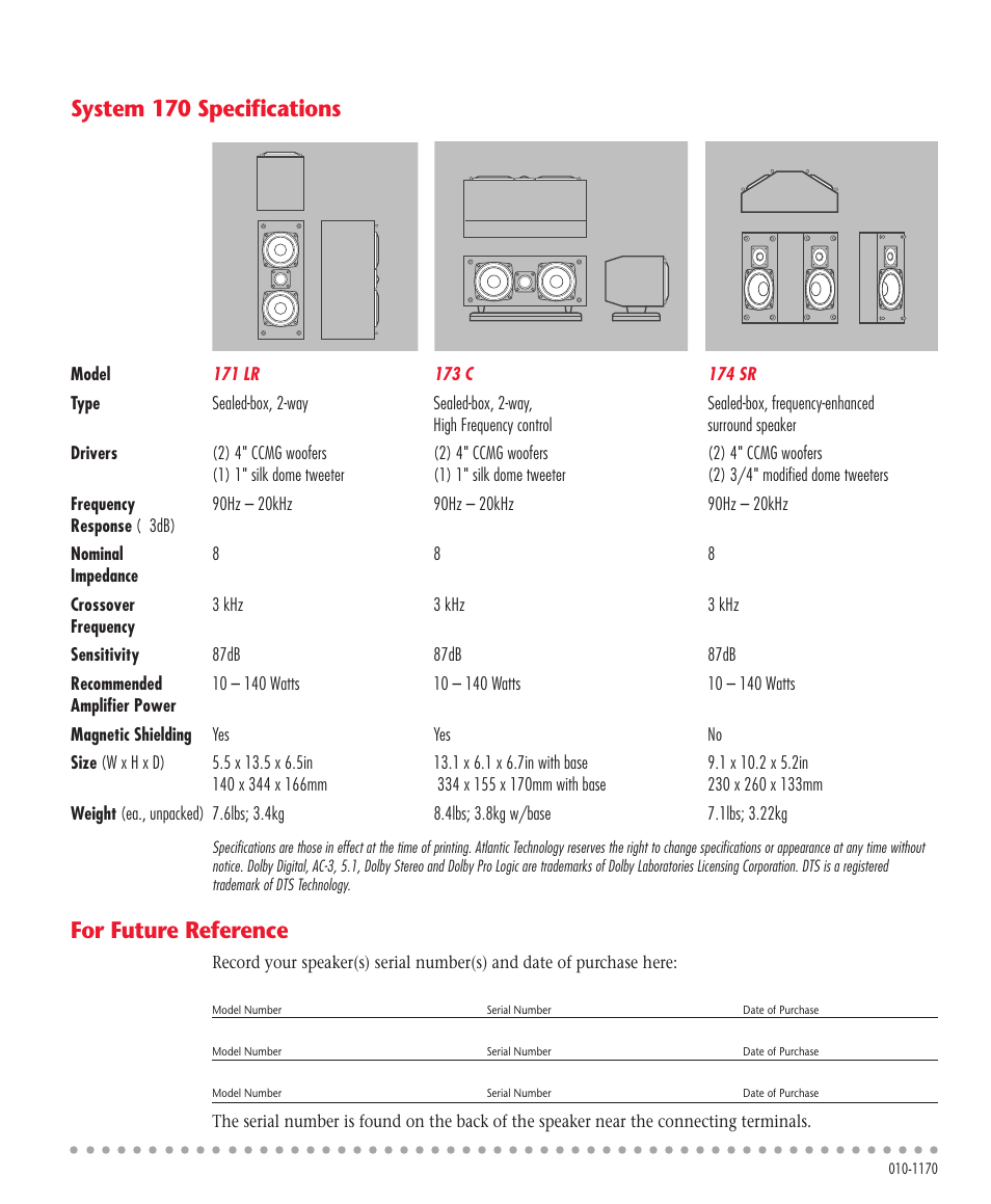 For future reference, System 170 specifications | Atlantic Technology System 170 User Manual | Page 8 / 8