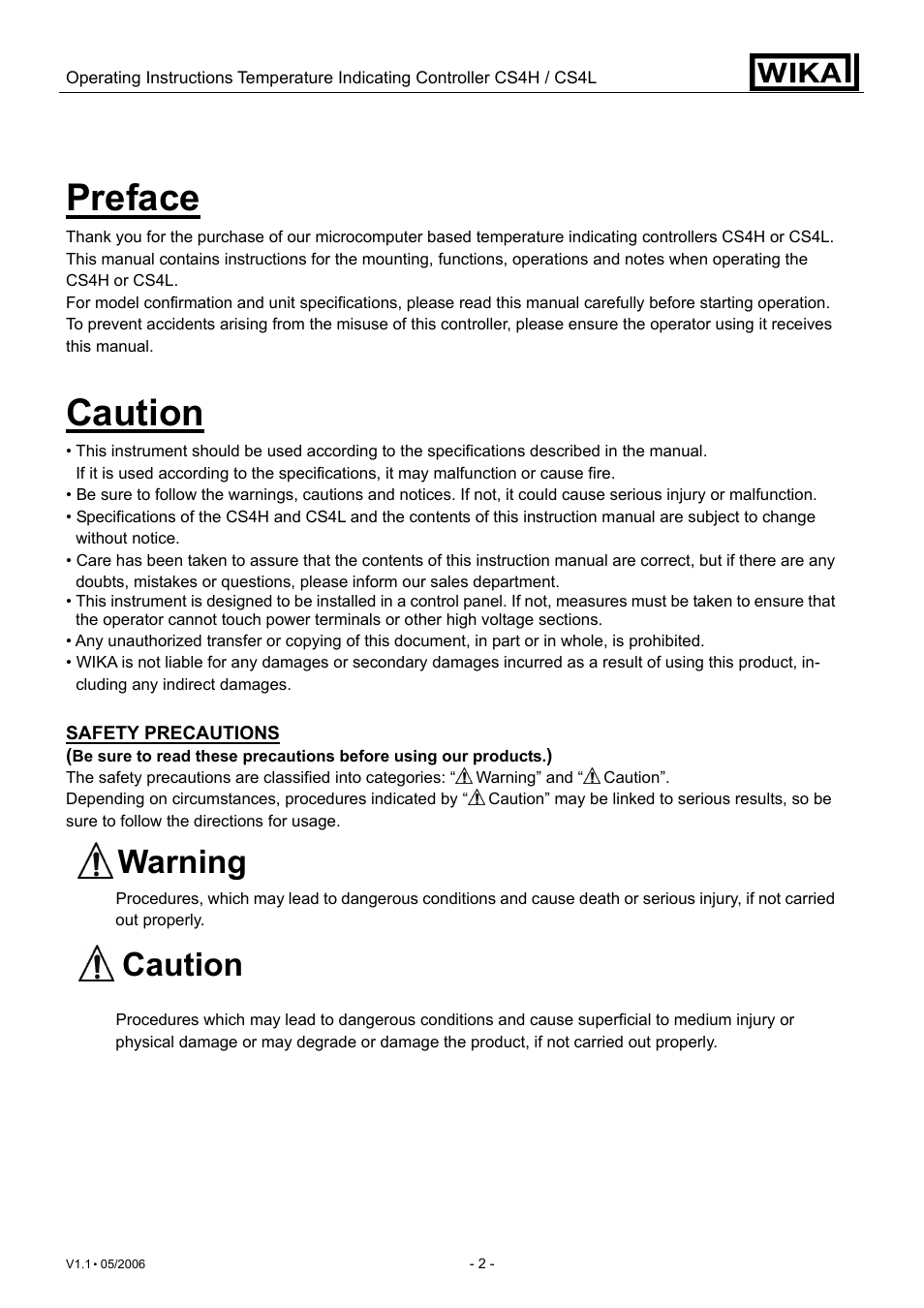Preface, Caution, Warning | WIKA CS4L User Manual | Page 2 / 50