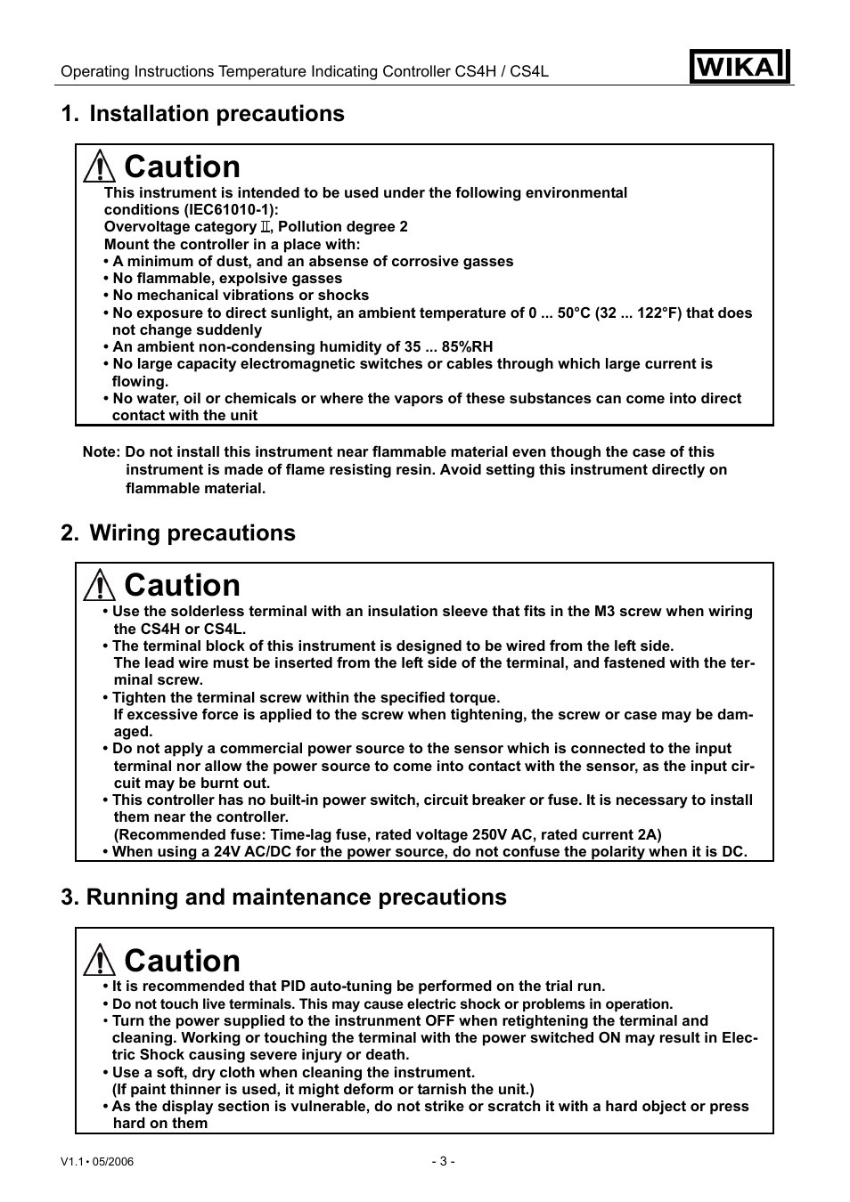 Caution, Installation precautions, Wiring precautions | Running and maintenance precautions | WIKA CS4L User Manual | Page 3 / 50