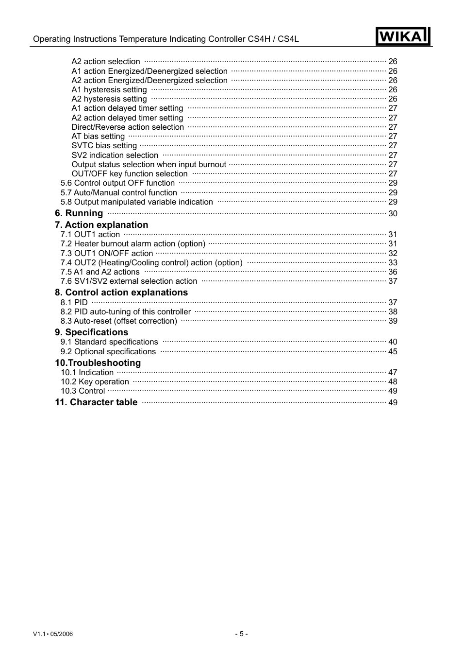 Running, Action explanation, Control action explanations | Specifications, Troubleshooting, Character table | WIKA CS4L User Manual | Page 5 / 50