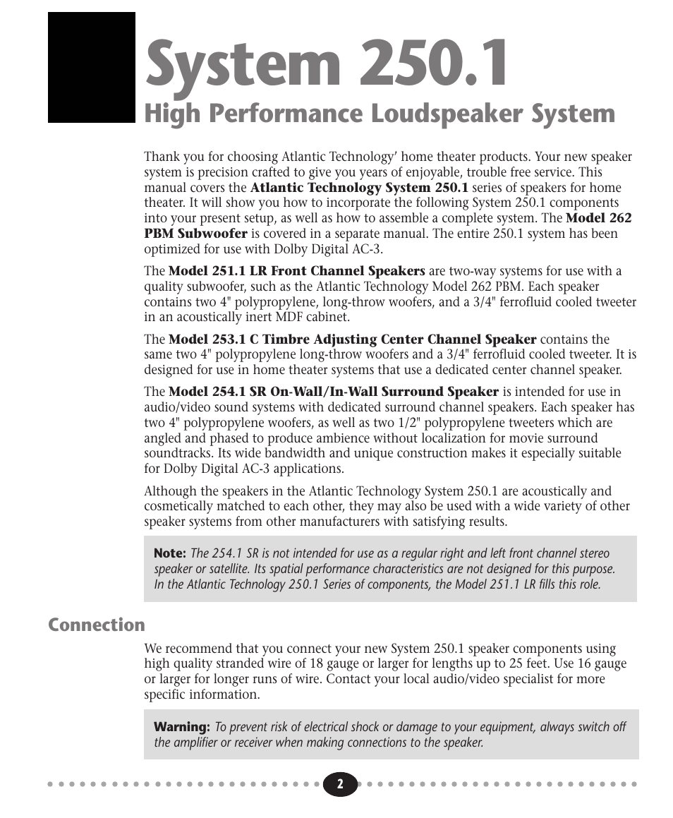 System 250.1, High performance loudspeaker system, Tlantic | Atlantic Technology 254.1 SR User Manual | Page 2 / 8