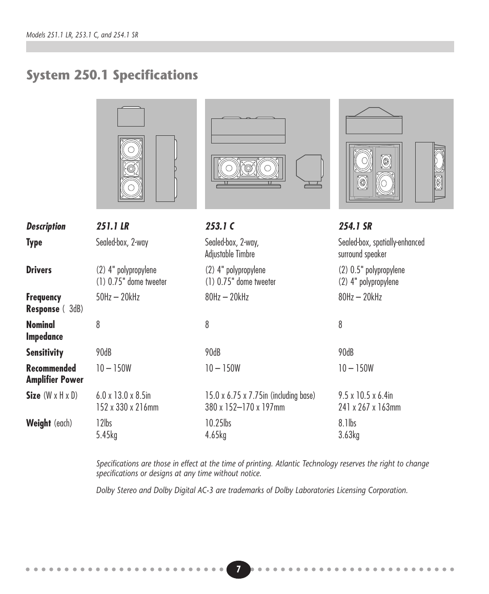 Tlantic, System 250.1 specifications | Atlantic Technology 254.1 SR User Manual | Page 7 / 8