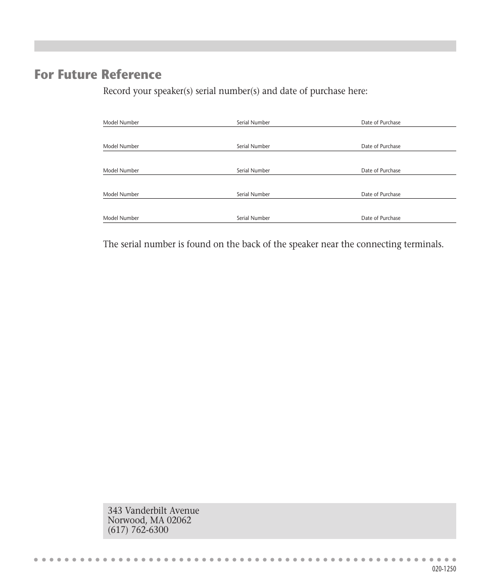 Tlantic, For future reference | Atlantic Technology 254.1 SR User Manual | Page 8 / 8