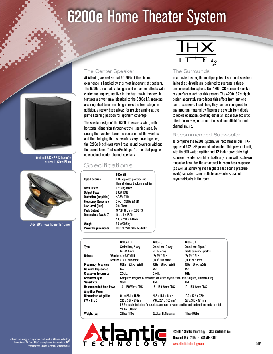 6200e home theater system, Product information sheet, Specifications | The center speaker, The surrounds, Recommended subwoofer | Atlantic Technology 6200e User Manual | Page 2 / 2