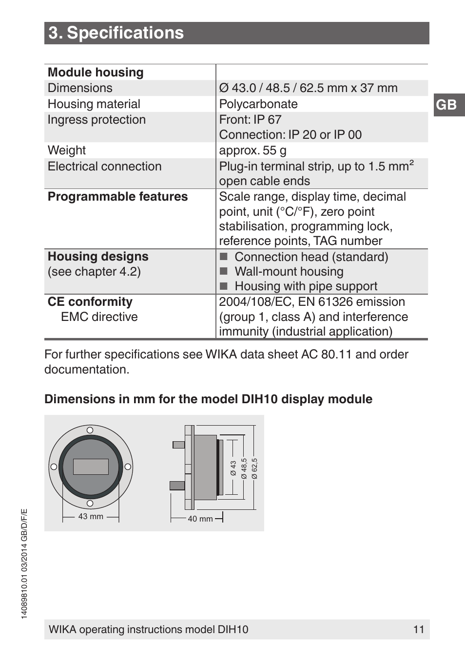 Specifications | WIKA DIH10-Ex User Manual | Page 11 / 92