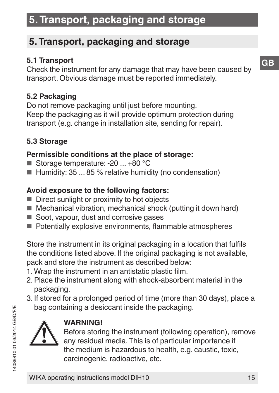 Transport, packaging and storage | WIKA DIH10-Ex User Manual | Page 15 / 92