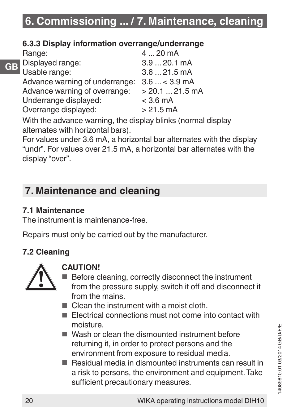 Commissioning ... / 7. maintenance, cleaning, Maintenance and cleaning | WIKA DIH10-Ex User Manual | Page 20 / 92