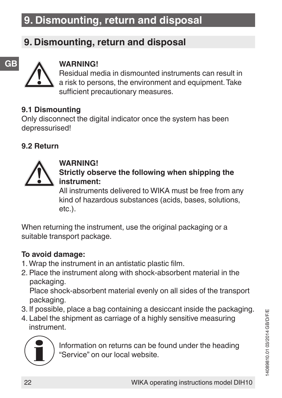 Dismounting, return and disposal | WIKA DIH10-Ex User Manual | Page 22 / 92
