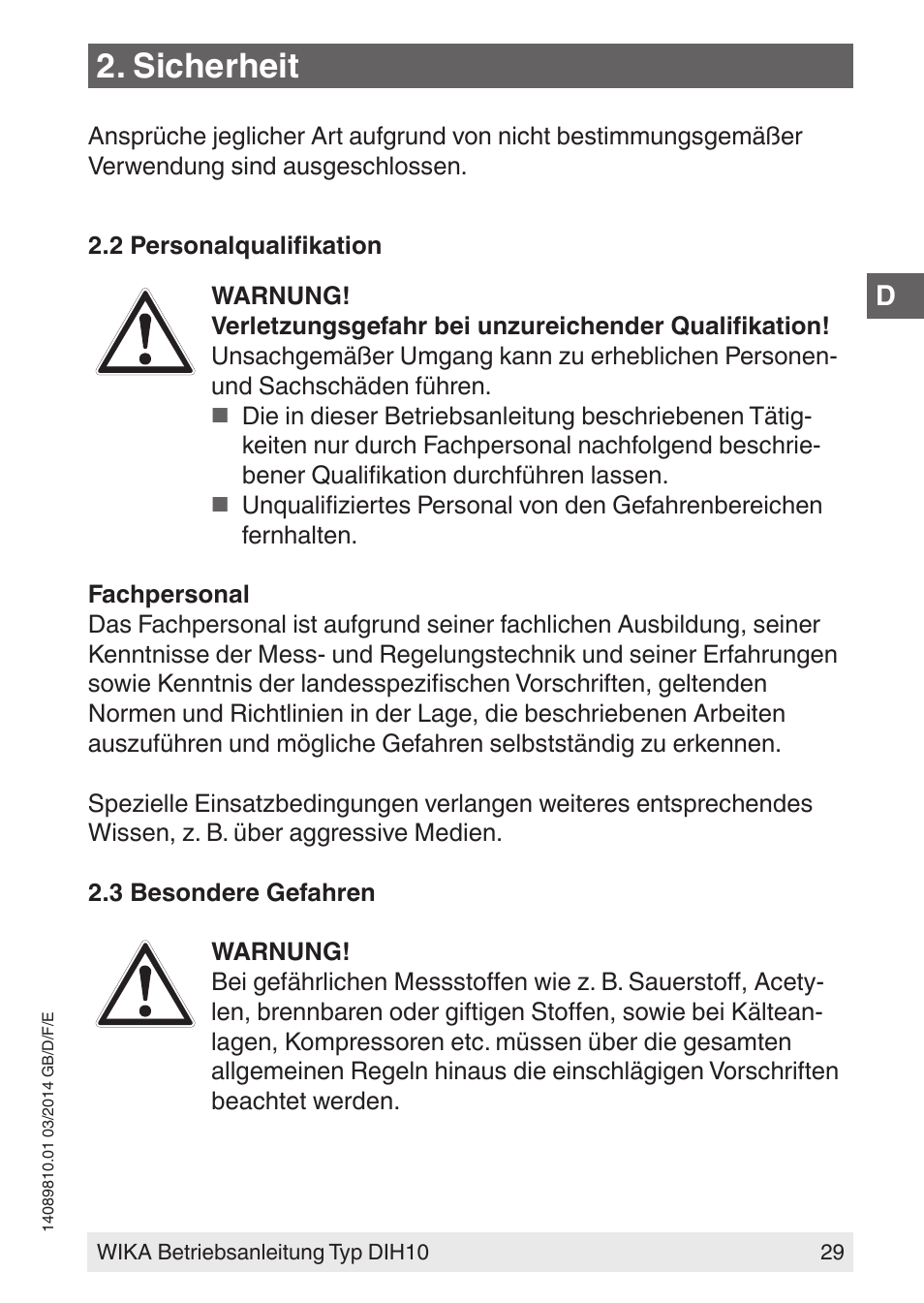 Sicherheit | WIKA DIH10-Ex User Manual | Page 29 / 92