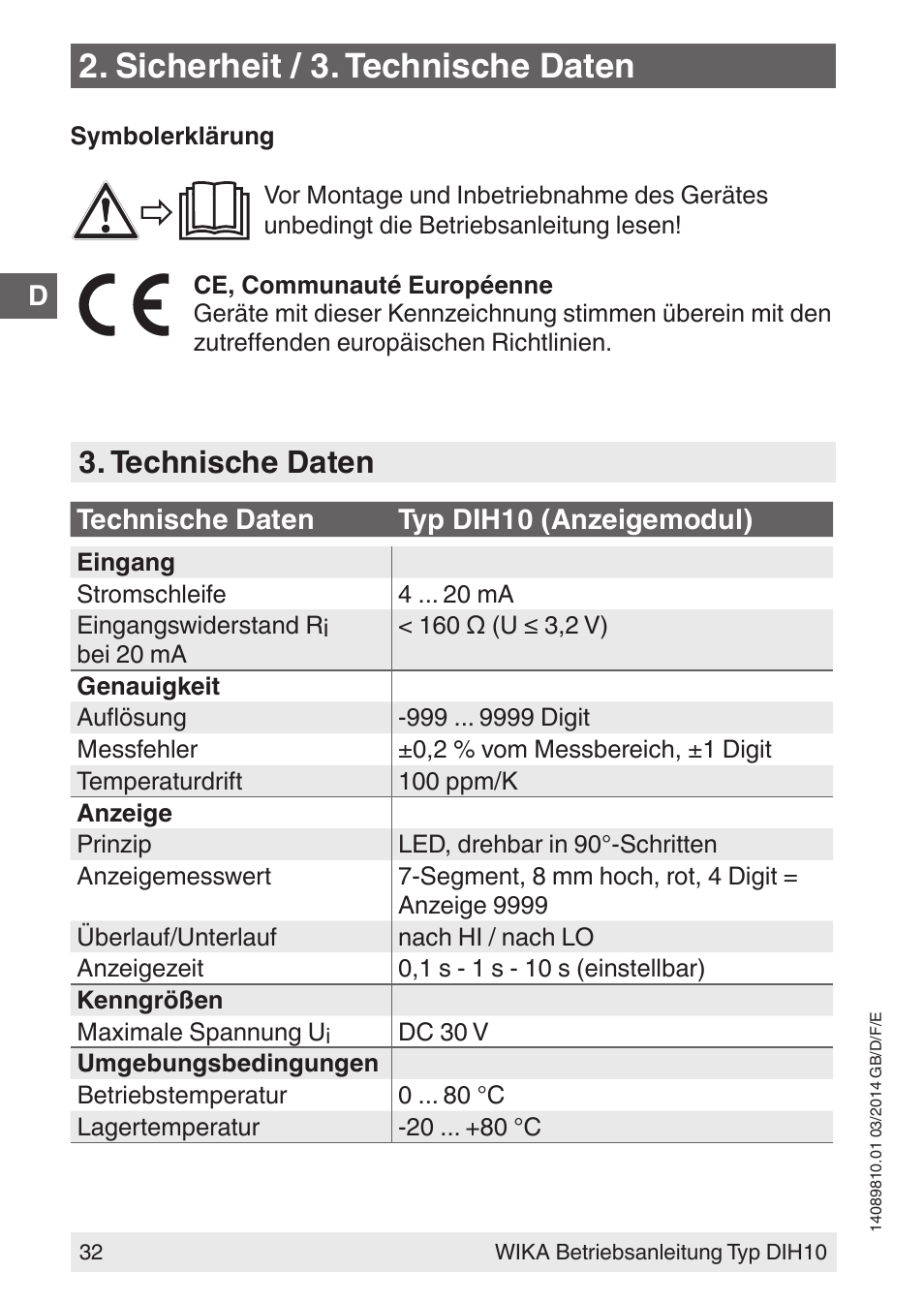 Sicherheit / 3. technische daten, Technische daten | WIKA DIH10-Ex User Manual | Page 32 / 92