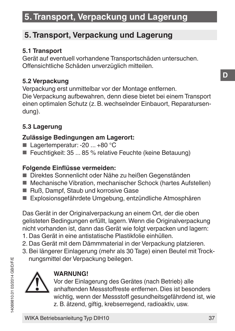 Transport, verpackung und lagerung | WIKA DIH10-Ex User Manual | Page 37 / 92