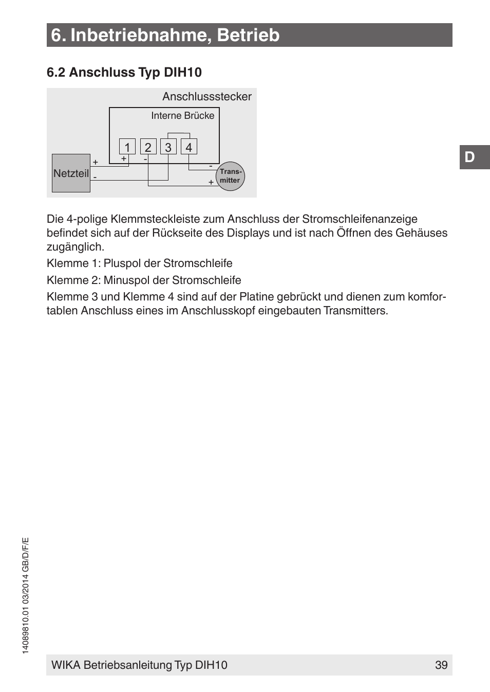 Inbetriebnahme, betrieb, 2 anschluss typ dih10 | WIKA DIH10-Ex User Manual | Page 39 / 92