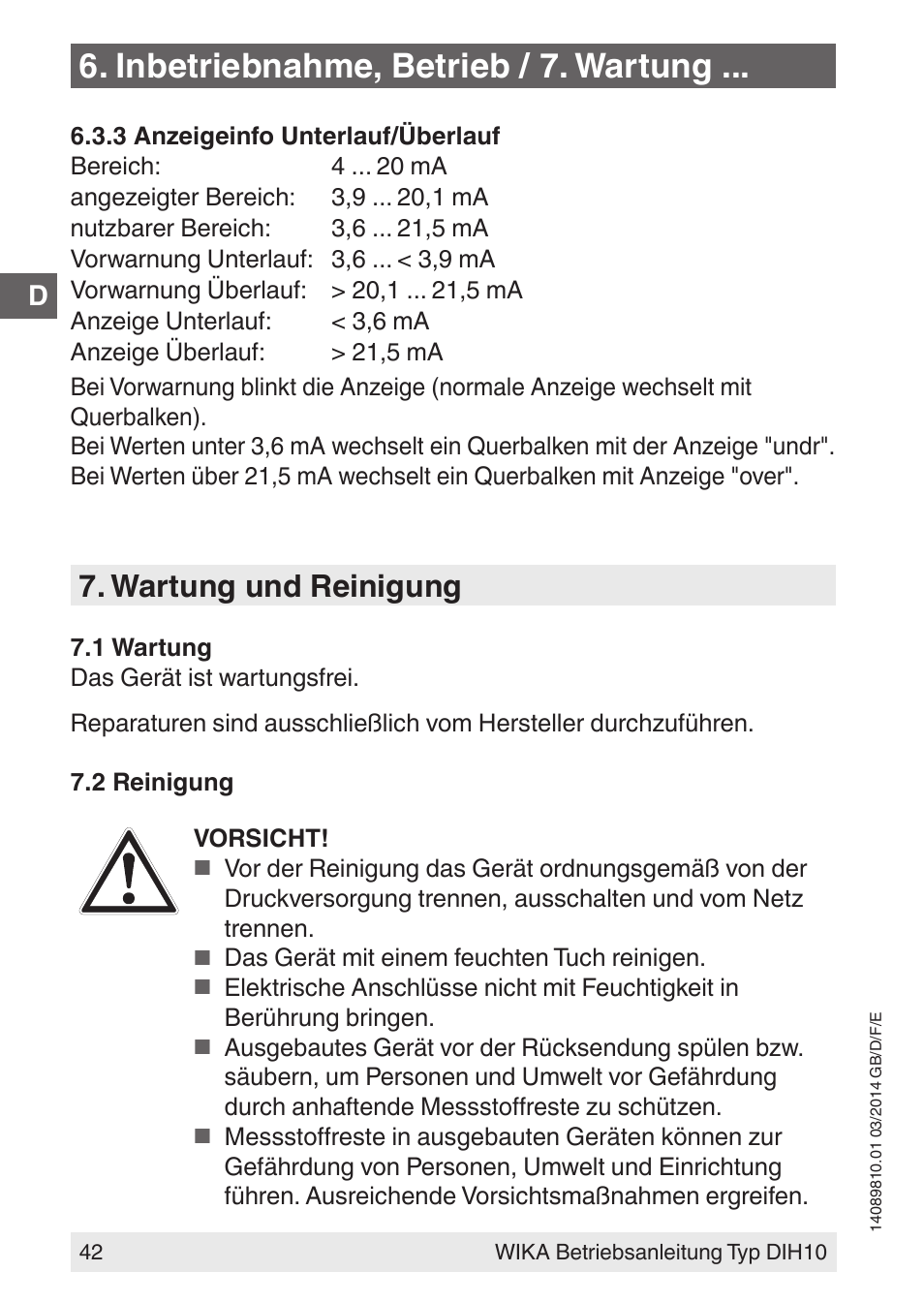 Inbetriebnahme, betrieb / 7. wartung, Wartung und reinigung | WIKA DIH10-Ex User Manual | Page 42 / 92