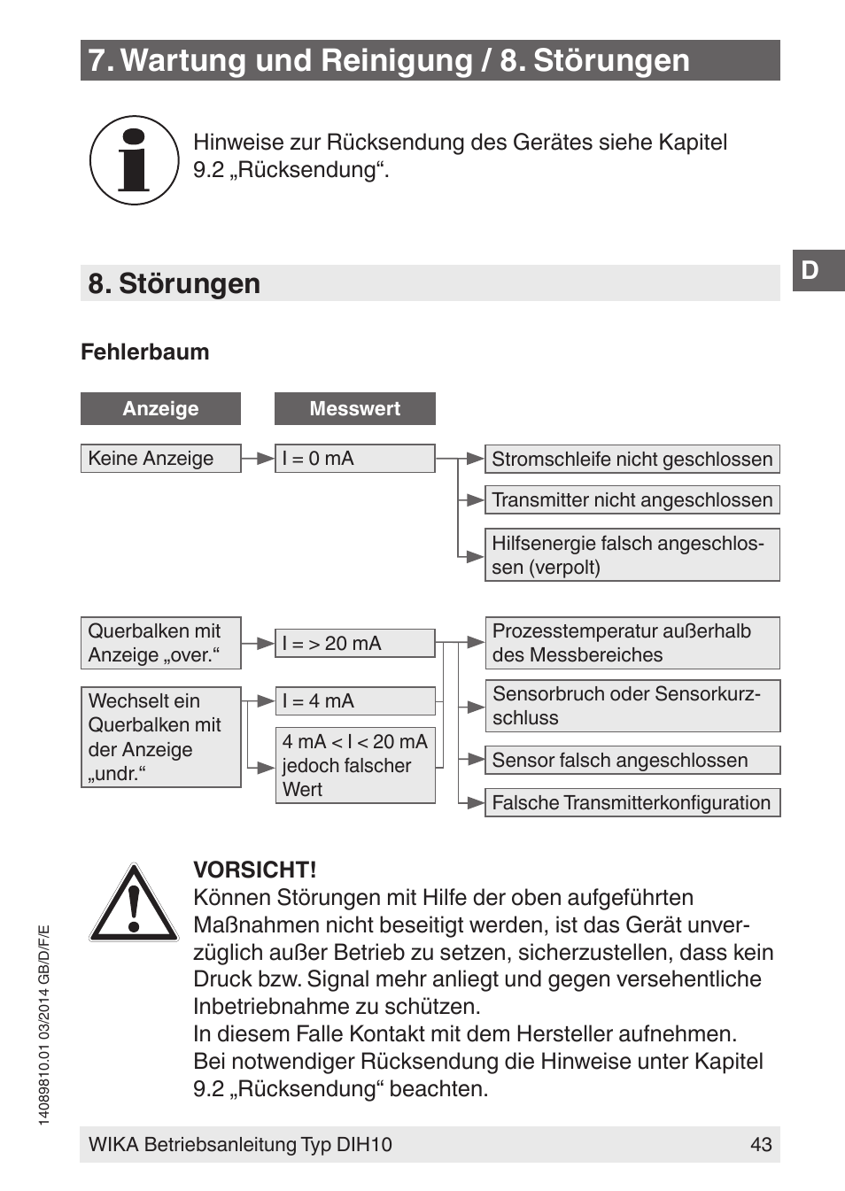 Wartung und reinigung / 8. störungen, Störungen | WIKA DIH10-Ex User Manual | Page 43 / 92