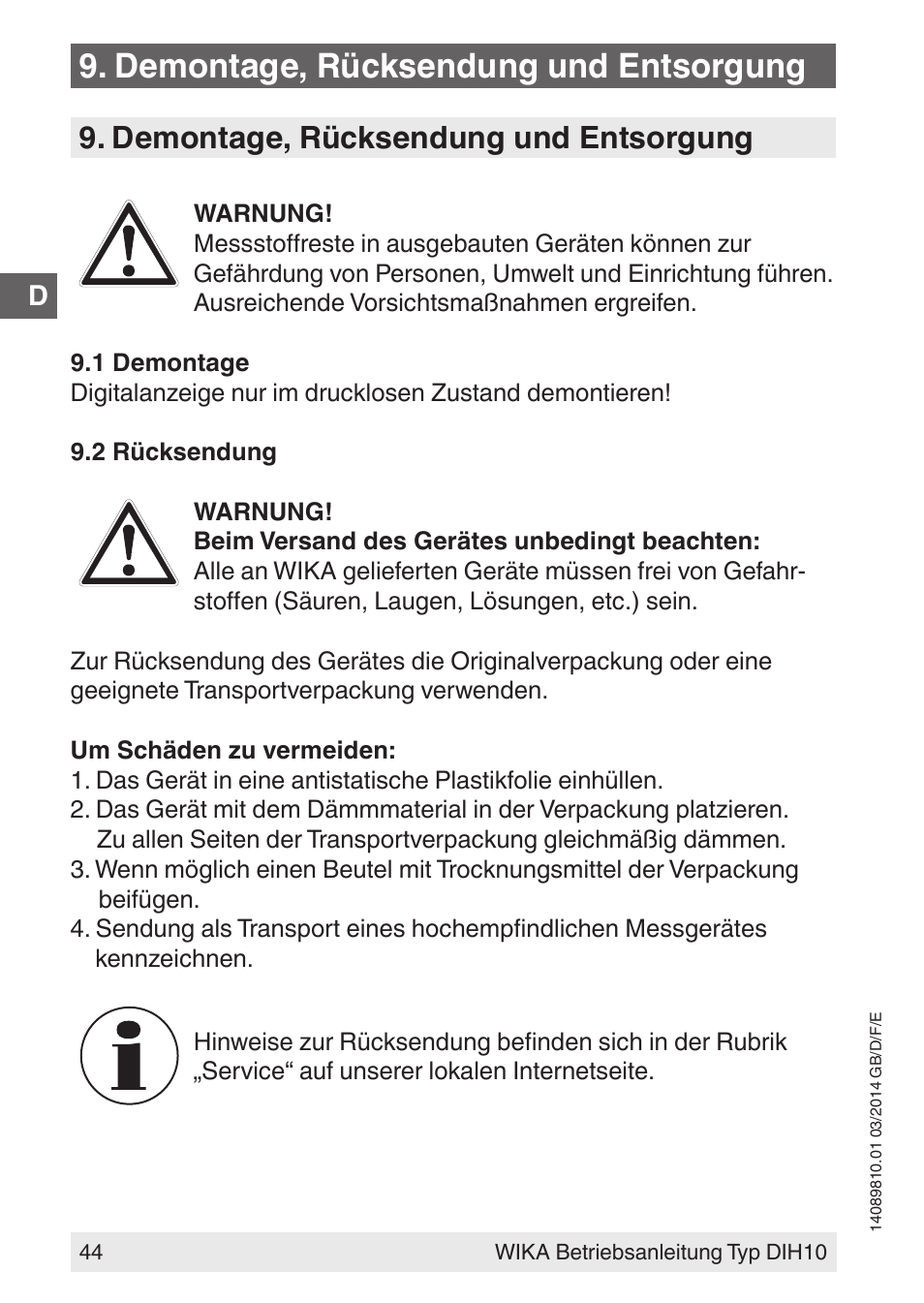 Demontage, rücksendung und entsorgung | WIKA DIH10-Ex User Manual | Page 44 / 92