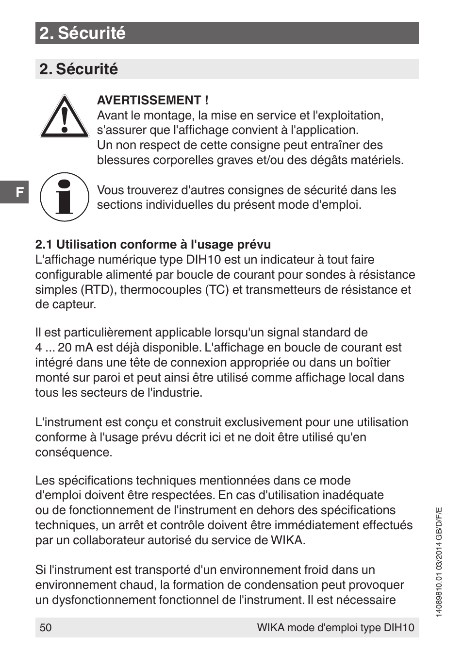 Sécurité | WIKA DIH10-Ex User Manual | Page 50 / 92