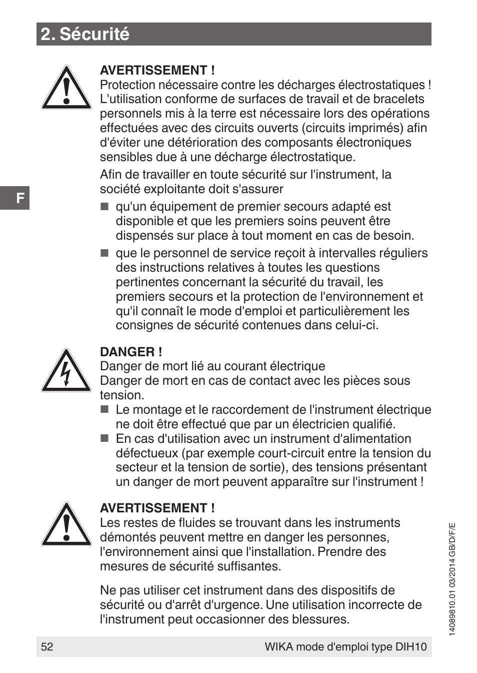 Sécurité | WIKA DIH10-Ex User Manual | Page 52 / 92