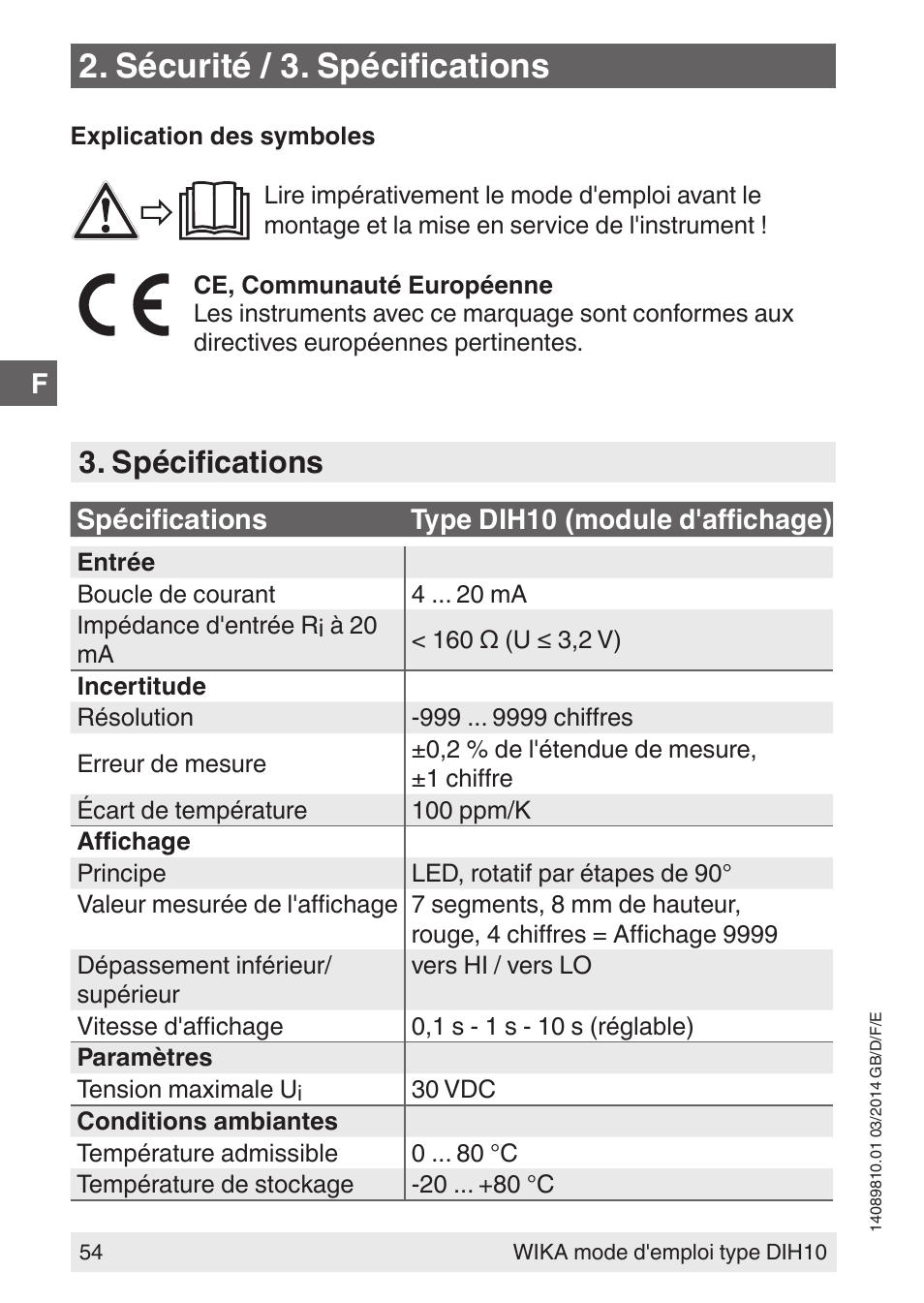 Sécurité / 3. spécifications, Spécifications | WIKA DIH10-Ex User Manual | Page 54 / 92