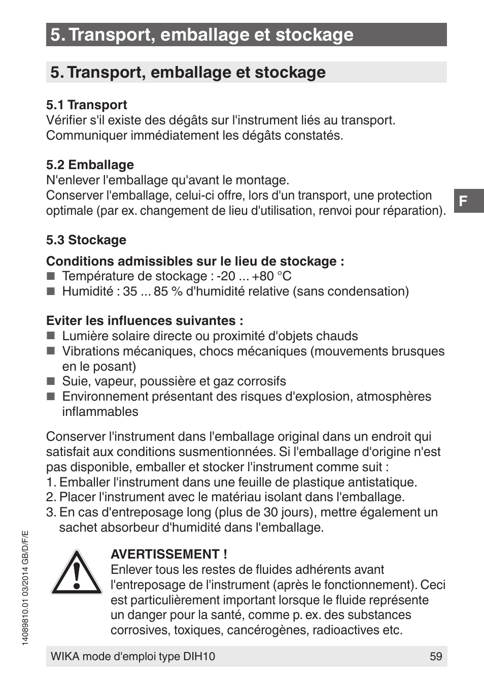 Transport, emballage et stockage | WIKA DIH10-Ex User Manual | Page 59 / 92