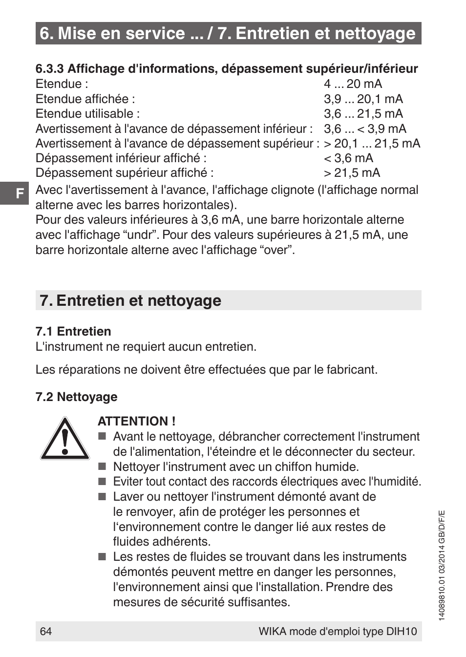 Mise en service ... / 7. entretien et nettoyage, Entretien et nettoyage | WIKA DIH10-Ex User Manual | Page 64 / 92