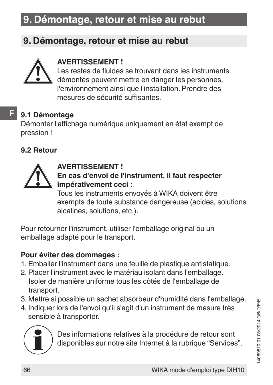 Démontage, retour et mise au rebut | WIKA DIH10-Ex User Manual | Page 66 / 92