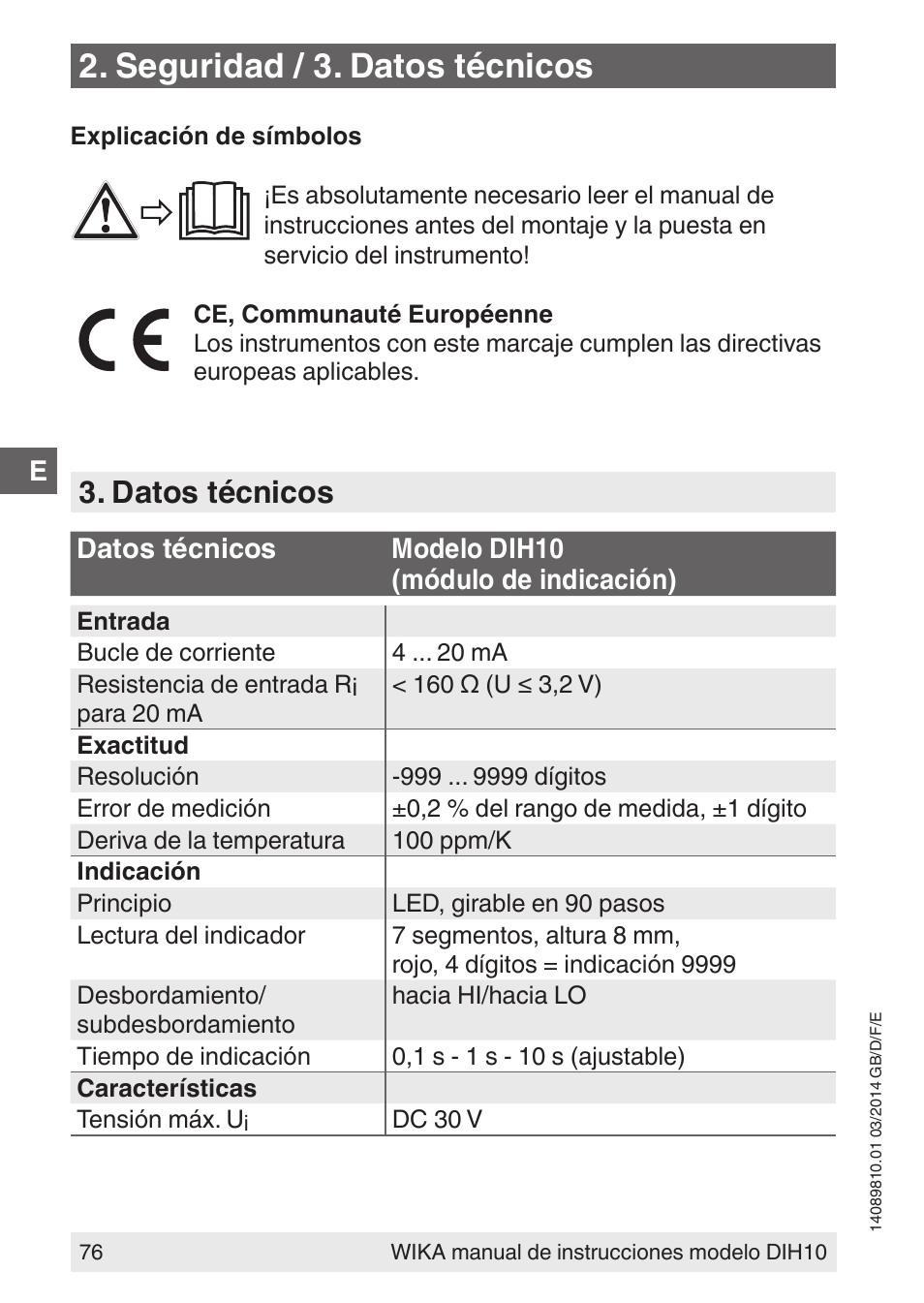 Seguridad / 3. datos técnicos, Datos técnicos | WIKA DIH10-Ex User Manual | Page 76 / 92