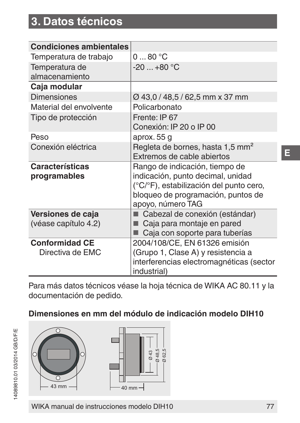 Datos técnicos | WIKA DIH10-Ex User Manual | Page 77 / 92
