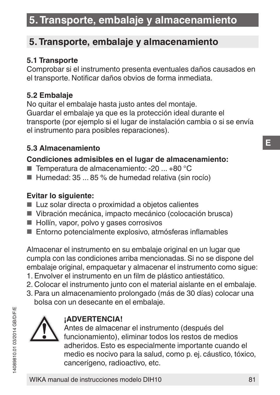 Transporte, embalaje y almacenamiento | WIKA DIH10-Ex User Manual | Page 81 / 92