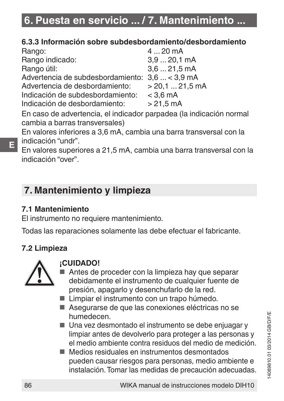 Puesta en servicio ... / 7. mantenimiento, Mantenimiento y limpieza | WIKA DIH10-Ex User Manual | Page 86 / 92