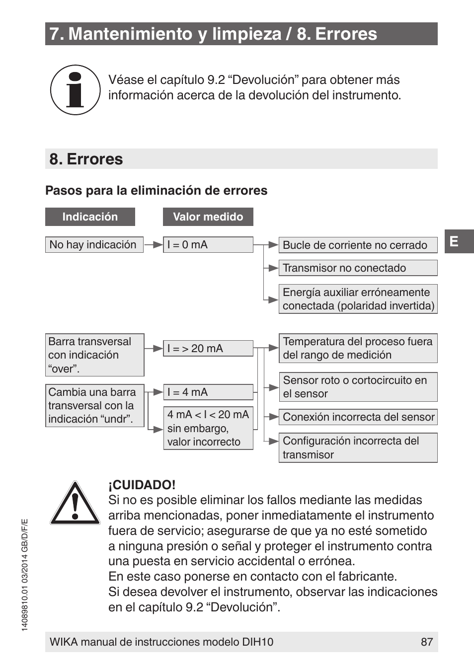 Mantenimiento y limpieza / 8. errores, Errores | WIKA DIH10-Ex User Manual | Page 87 / 92