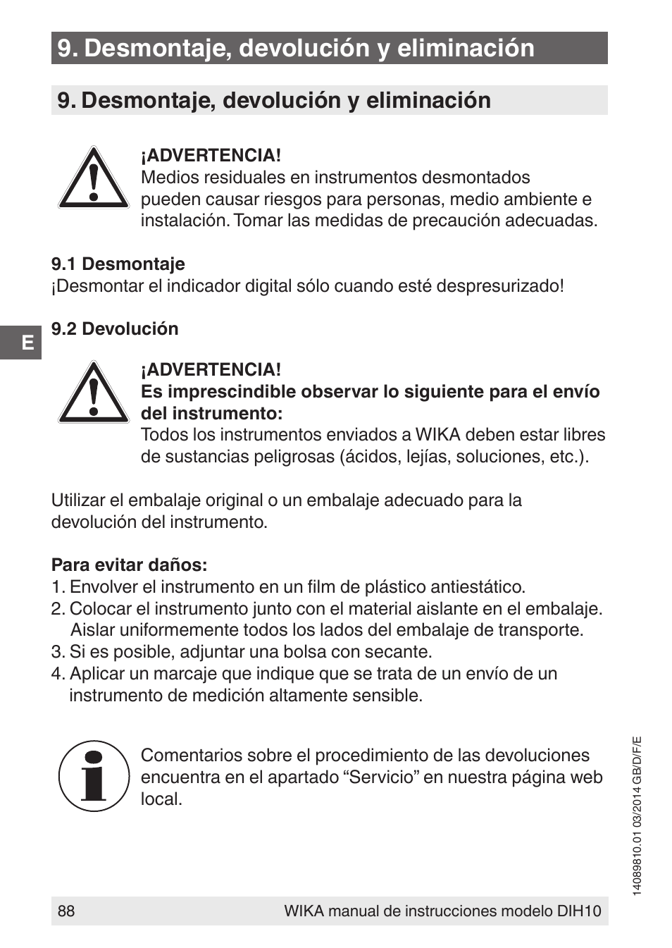Desmontaje, devolución y eliminación | WIKA DIH10-Ex User Manual | Page 88 / 92