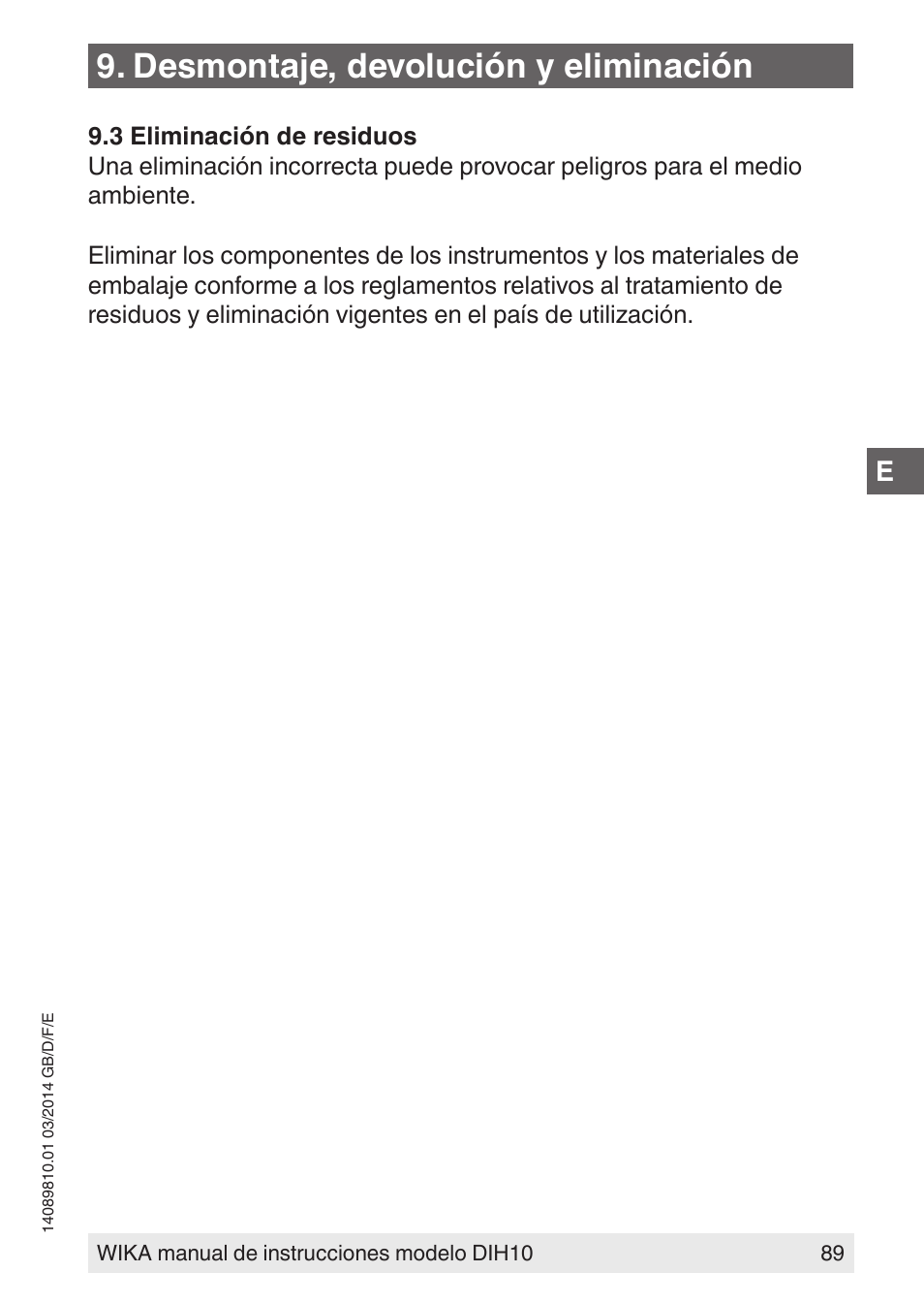 Desmontaje, devolución y eliminación | WIKA DIH10-Ex User Manual | Page 89 / 92