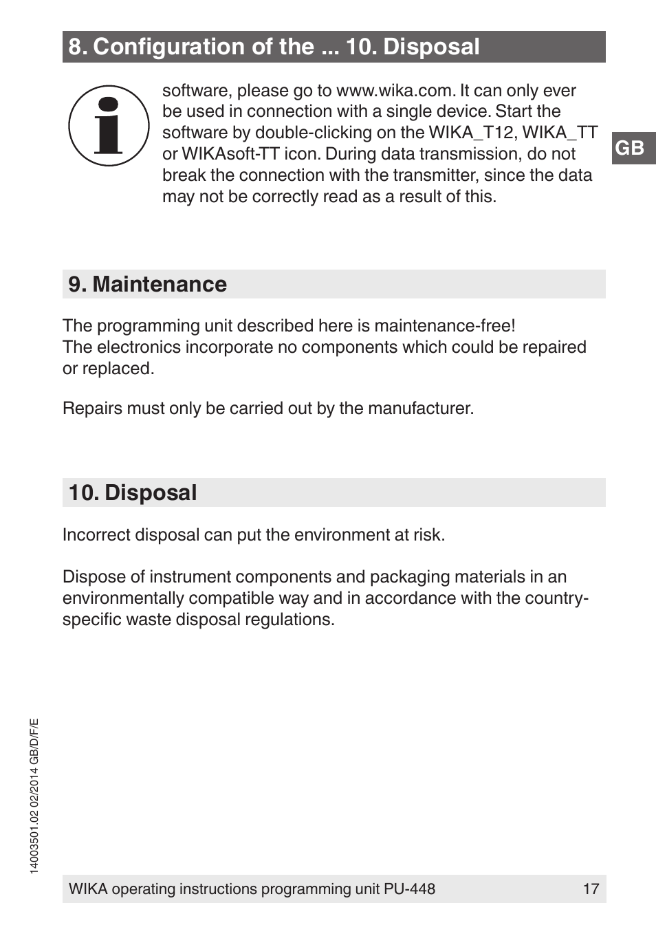 Configuration of the . disposal, Maintenance, Disposal | WIKA PU-448 User Manual | Page 17 / 68