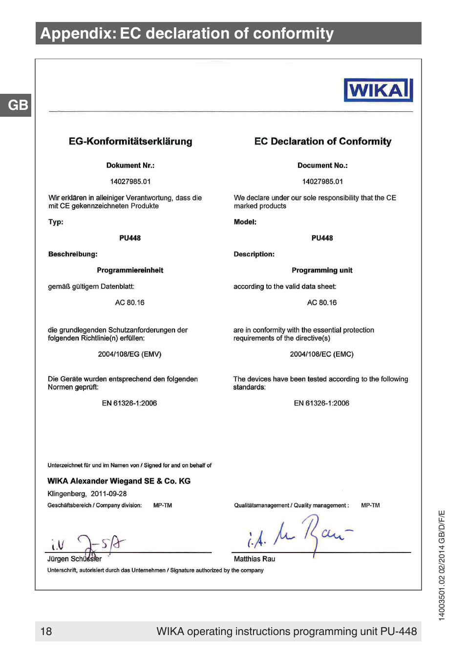 Appendix: ec declaration of conformity | WIKA PU-448 User Manual | Page 18 / 68