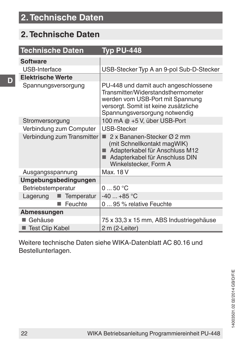 Technische daten, Technische daten typ pu-448 | WIKA PU-448 User Manual | Page 22 / 68