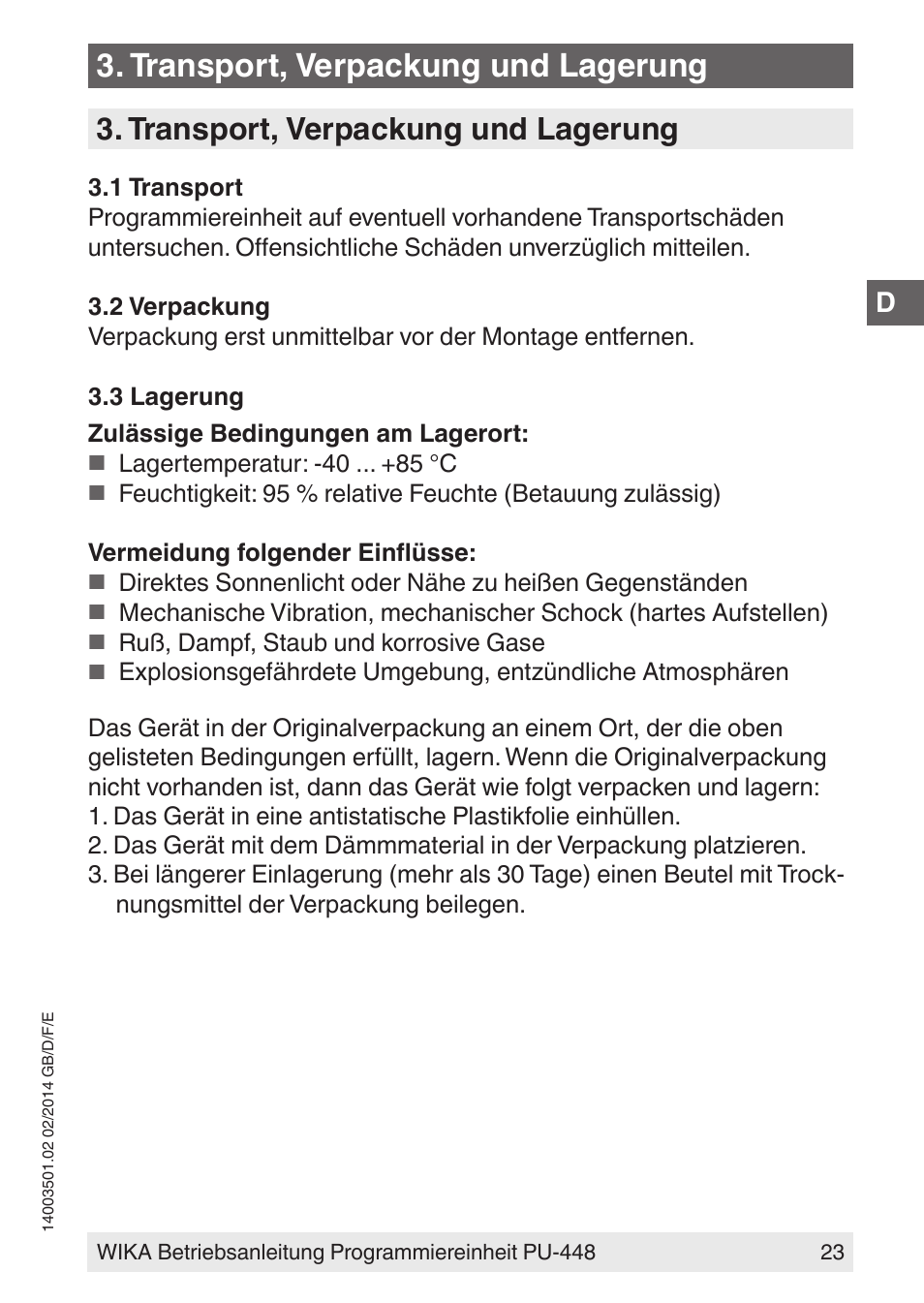 Transport, verpackung und lagerung | WIKA PU-448 User Manual | Page 23 / 68