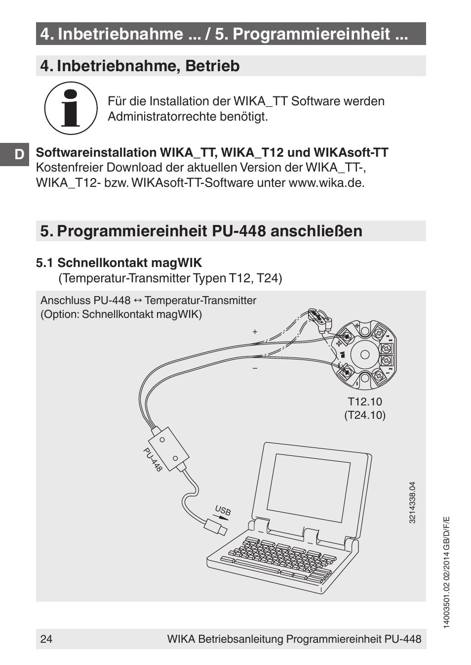 Inbetriebnahme ... / 5. programmiereinheit, Inbetriebnahme, betrieb, Programmiereinheit pu-448 anschließen | WIKA PU-448 User Manual | Page 24 / 68