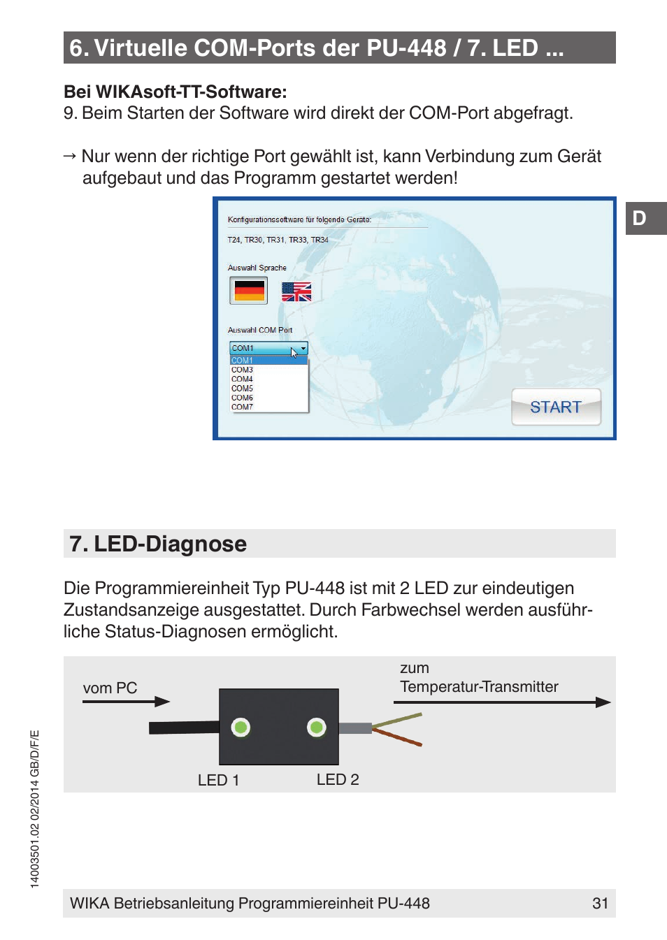 Virtuelle com-ports der pu-448 / 7. led, Led-diagnose | WIKA PU-448 User Manual | Page 31 / 68