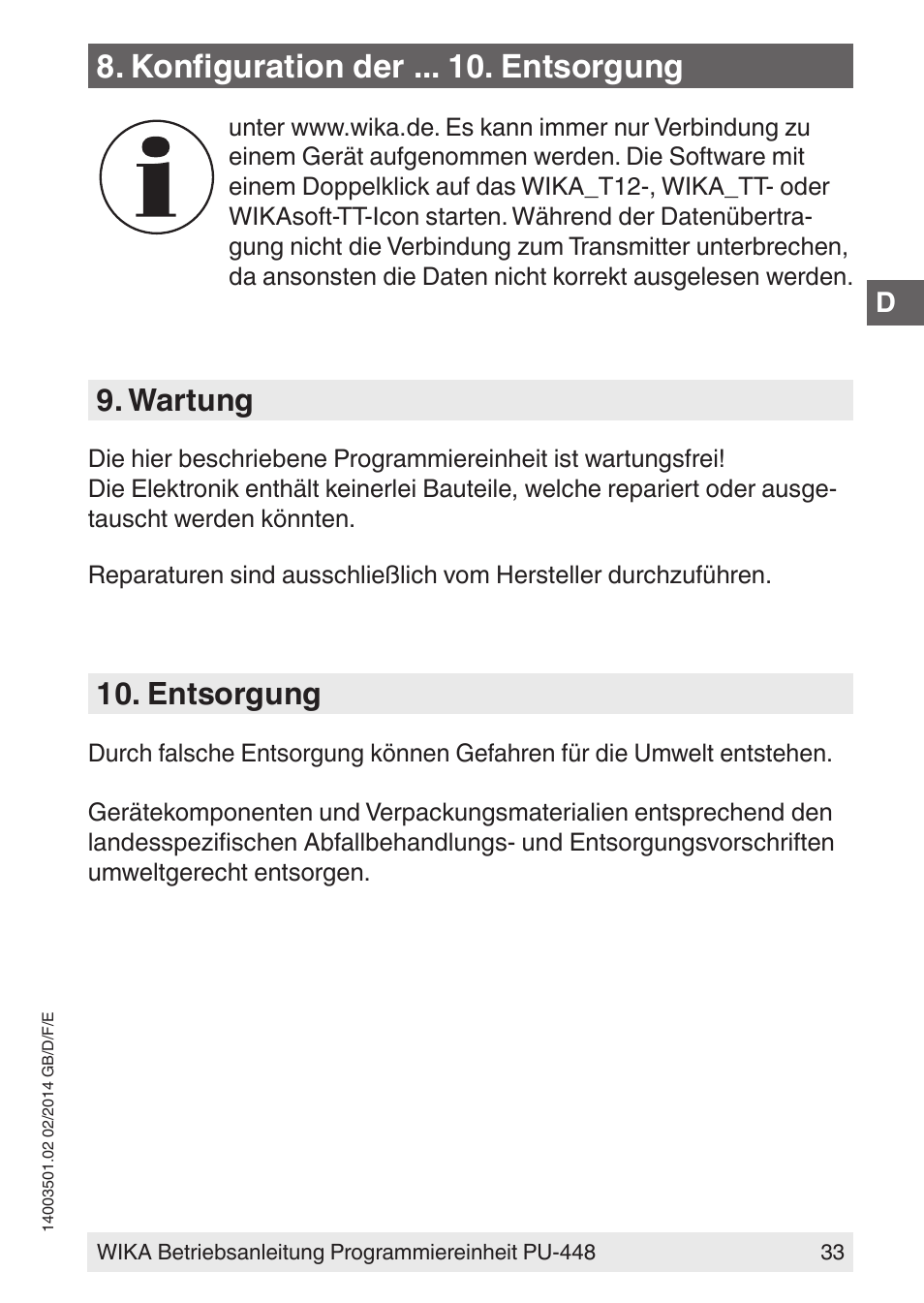 Konfiguration der . entsorgung, Wartung, Entsorgung | WIKA PU-448 User Manual | Page 33 / 68